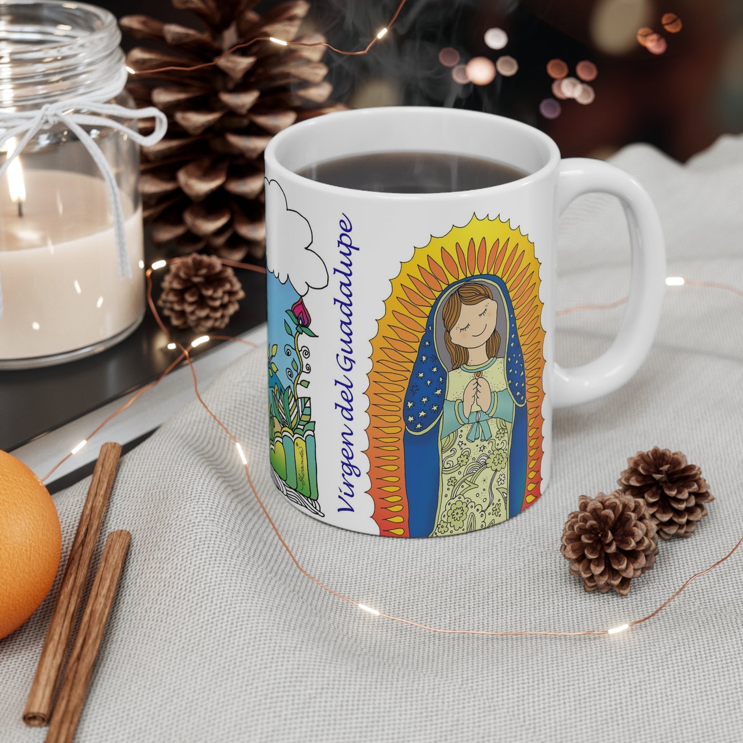 Nuestra Señora de Guadalupe que embellece nuestra taza.