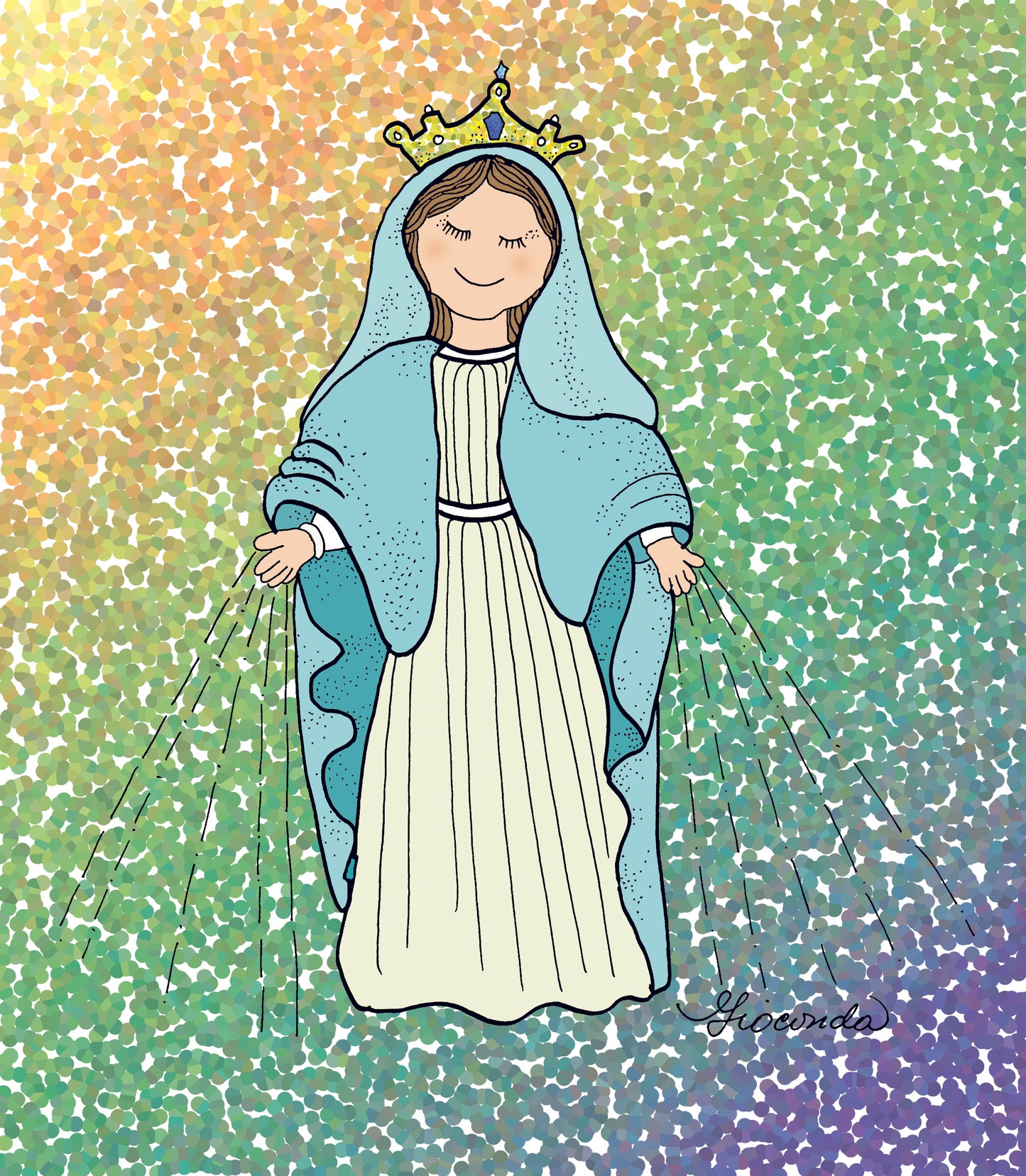 En las dimensiones de 8x10 pulgadas, encontramos la ilustración 'Nuestra Señora de la Medalla Milagrosa' creada por Gioconda Vivas, giocondavivas.com, Gioconda vivas, giocondavivas, arte religioso, arte inspirador