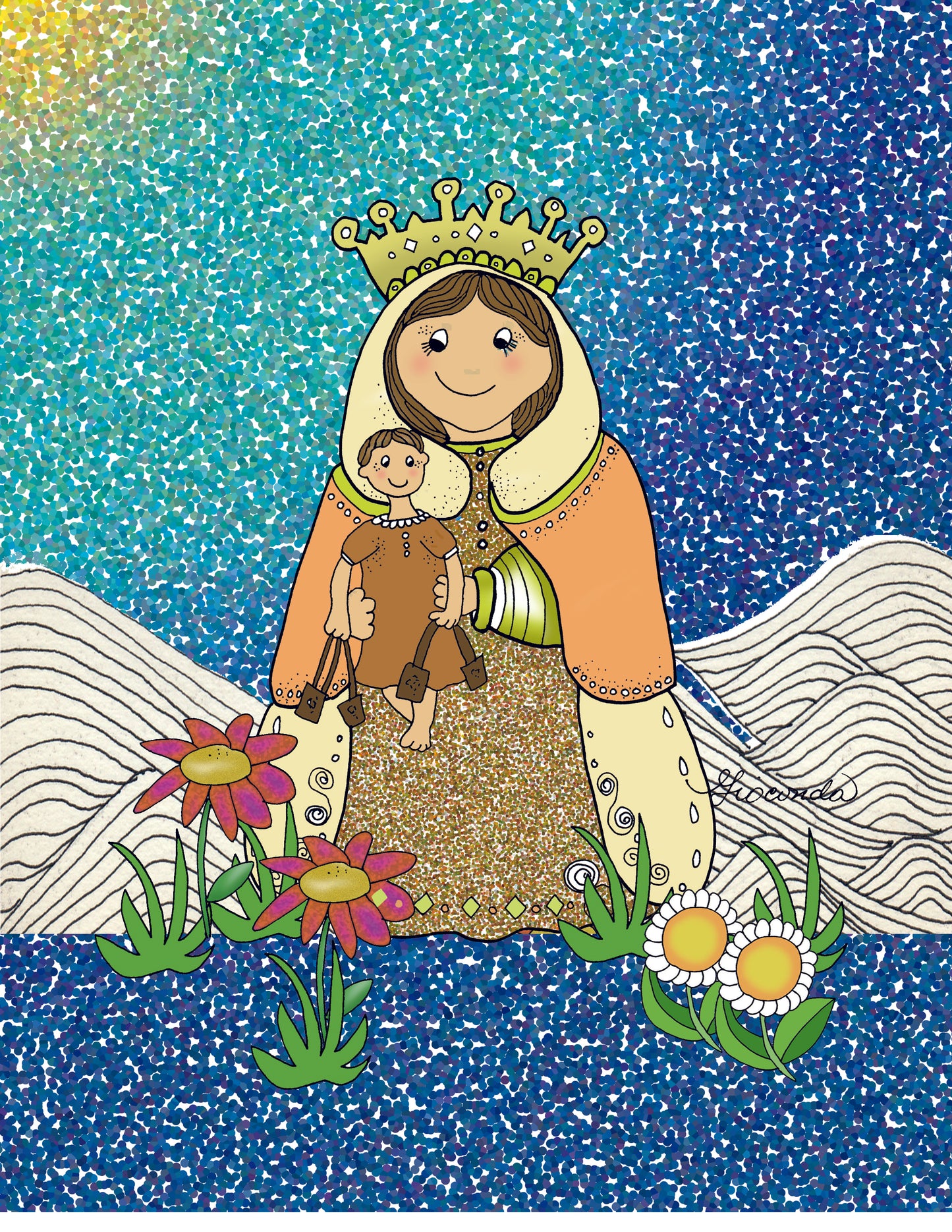 La pieza ilustrada 'Virgen del Carmen' es obra de Gioconda Vivas y tiene un tamaño de 8 por 10 pulgadas, giocondavivas.com, Gioconda vivas, giocondavivas, arte religioso, arte inspirador
