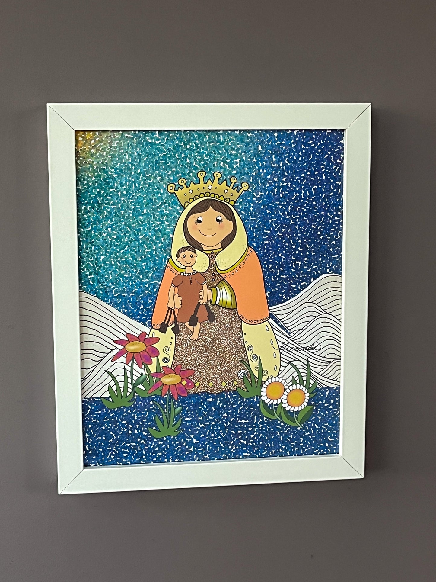 La pieza ilustrada 'Virgen del Carmen' es obra de Gioconda Vivas y tiene un tamaño de 8 por 10 pulgadas, giocondavivas.com, Gioconda vivas, giocondavivas, arte religioso, arte inspirador