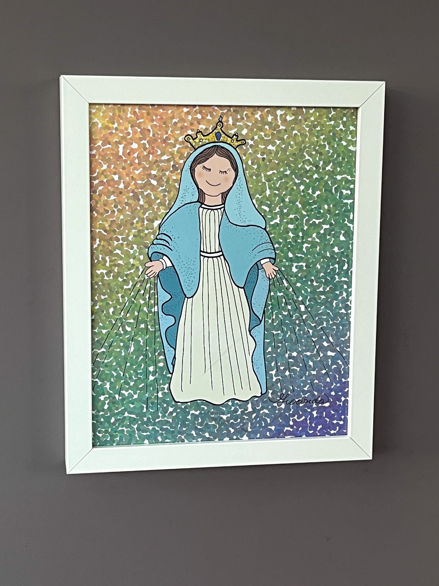 giocondavivas.com, Gioconda vivas, giocondavivas, arte religioso, arte inspirador, En las dimensiones de 8x10 pulgadas, encontramos la ilustración 'Nuestra Señora de la Medalla Milagrosa' creada por Gioconda Vivas