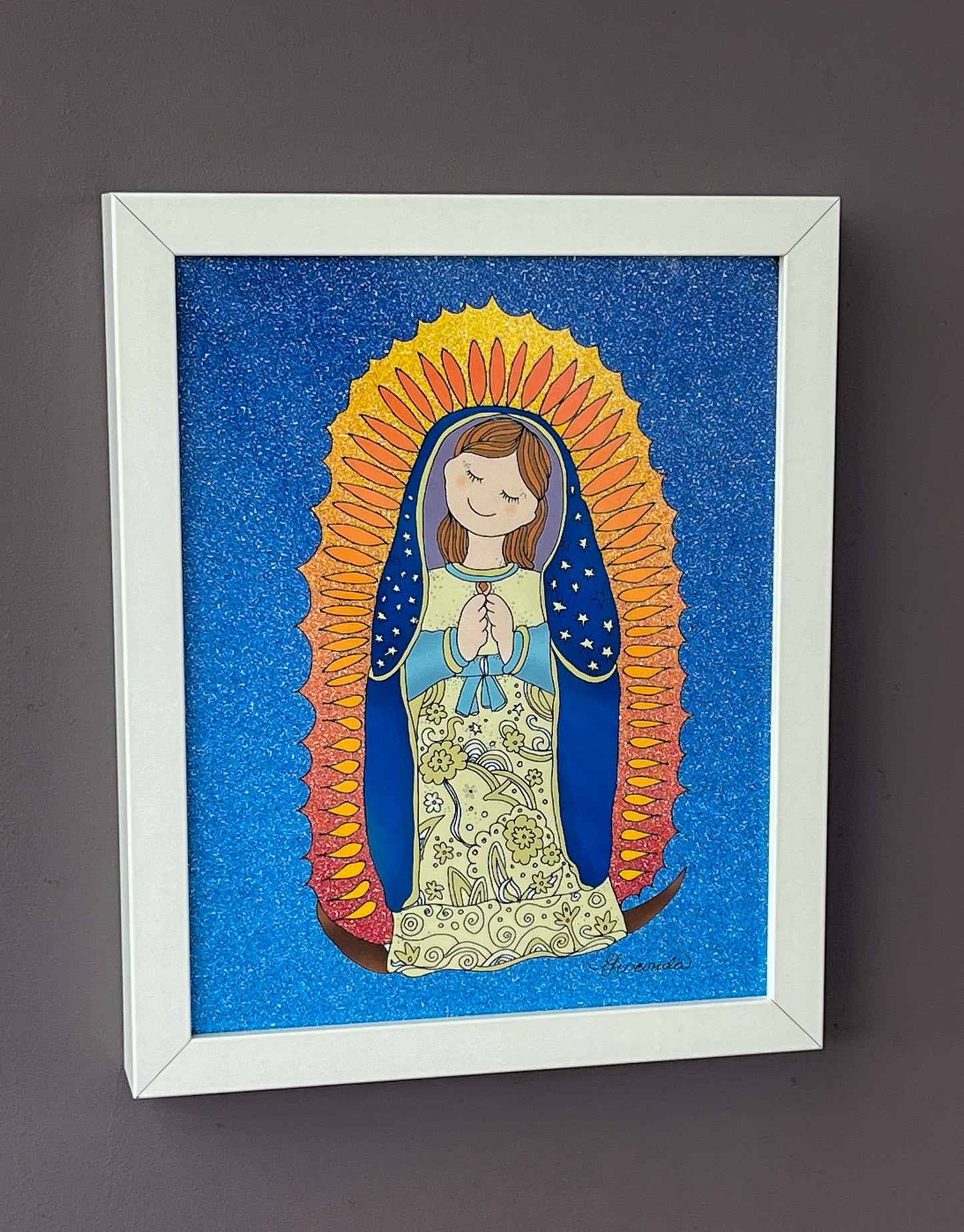 Pintura Ilustrada 'Nuestra Señora de Guadalupe' por Gioconda Vivas (8"x10"), Guadalupe, Lupita, giocondavivas.com, Gioconda vivas, giocondavivas, arte religioso, arte inspirador, Mexico religioso, Imagen de la Virgen de Guadalupe con marco
