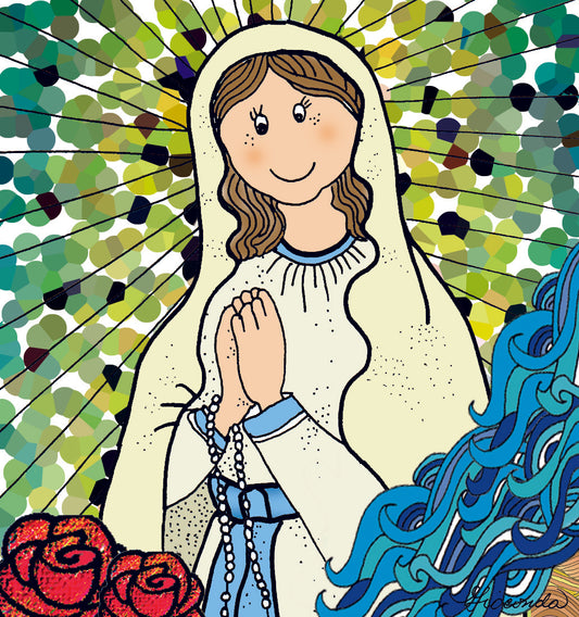 La ilustración 'Nuestra Señora de Lourdes' es obra de Gioconda Vivas y se presenta en un formato de 8x10 pulgadas, giocondavivas.com, Gioconda vivas, giocondavivas, arte religioso, arte inspirador