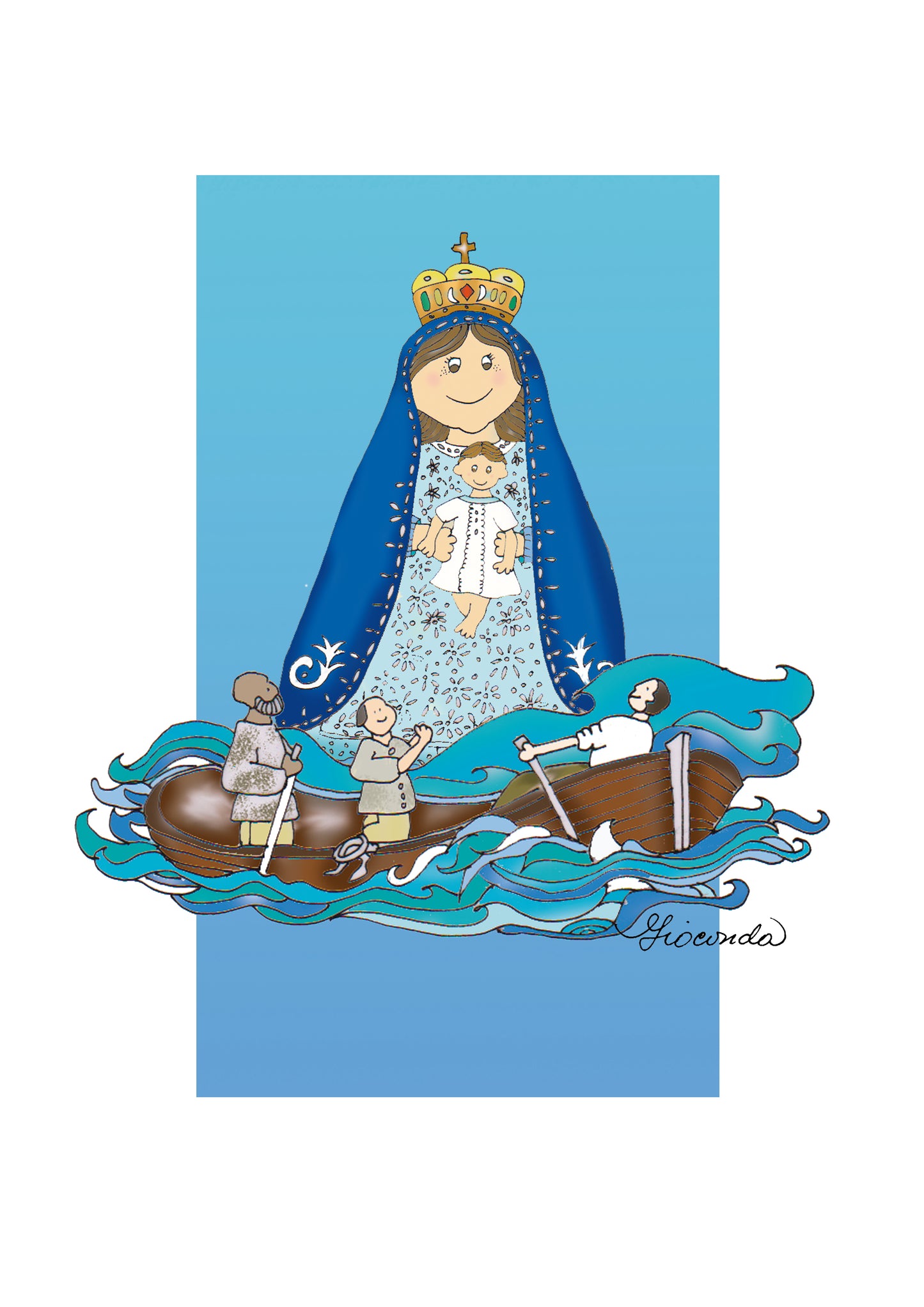 Pintura Ilustrada de la 'Virgen de la Caridad del Cobre' por Gioconda Vivas (8"x10"), Caridad del Cobre, giocondavivas.com, Gioconda vivas, giocondavivas, arte religioso, arte inspirador, Caridad del Cobrecon fondo azul,
