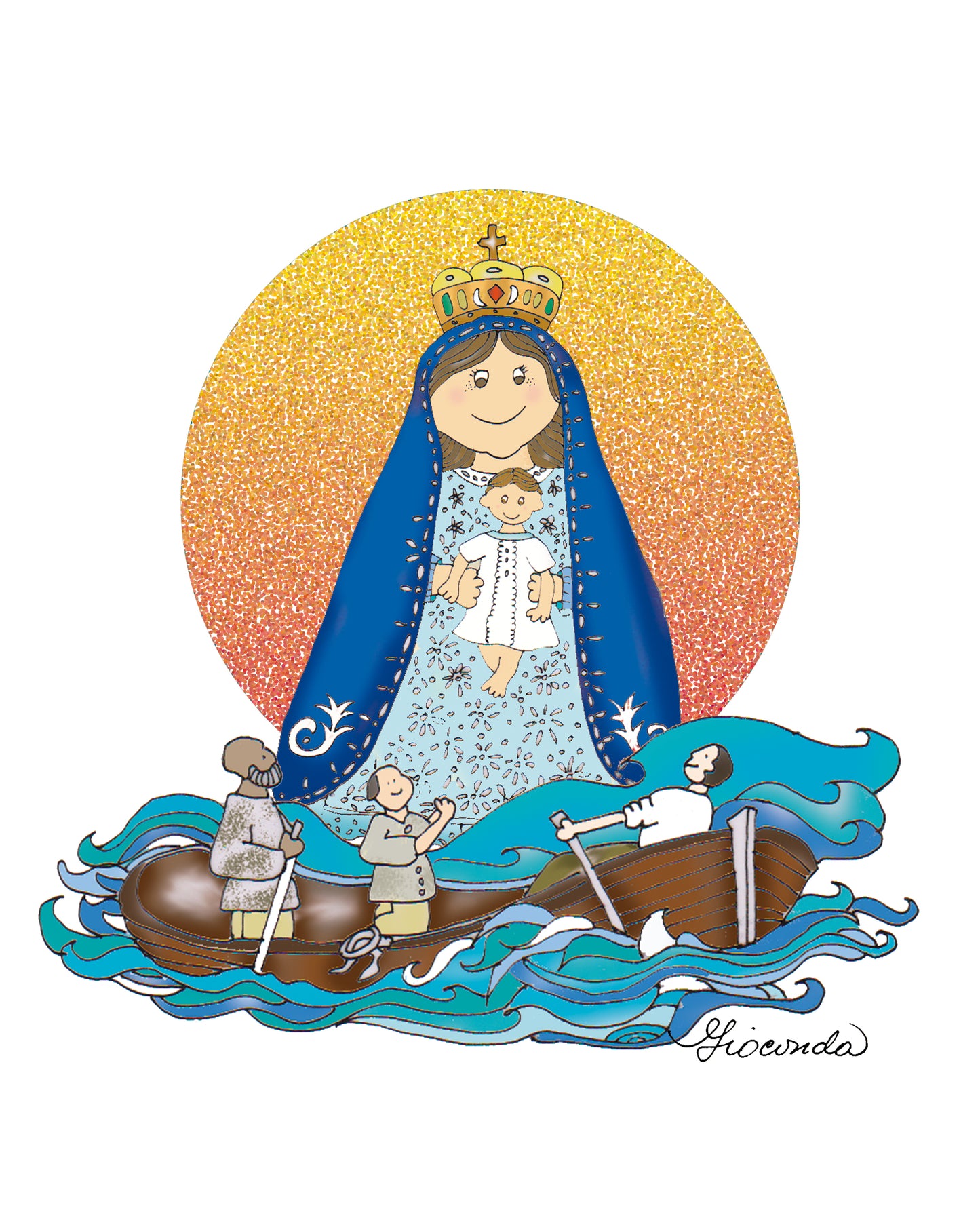 Pintura Ilustrada de la 'Virgen de la Caridad del Cobre' por Gioconda Vivas (8"x10"), Caridad del Cobre, giocondavivas.com, Gioconda vivas, giocondavivas, arte religioso, arte inspirador, Caridad del Cobrecon fondo de Sol,